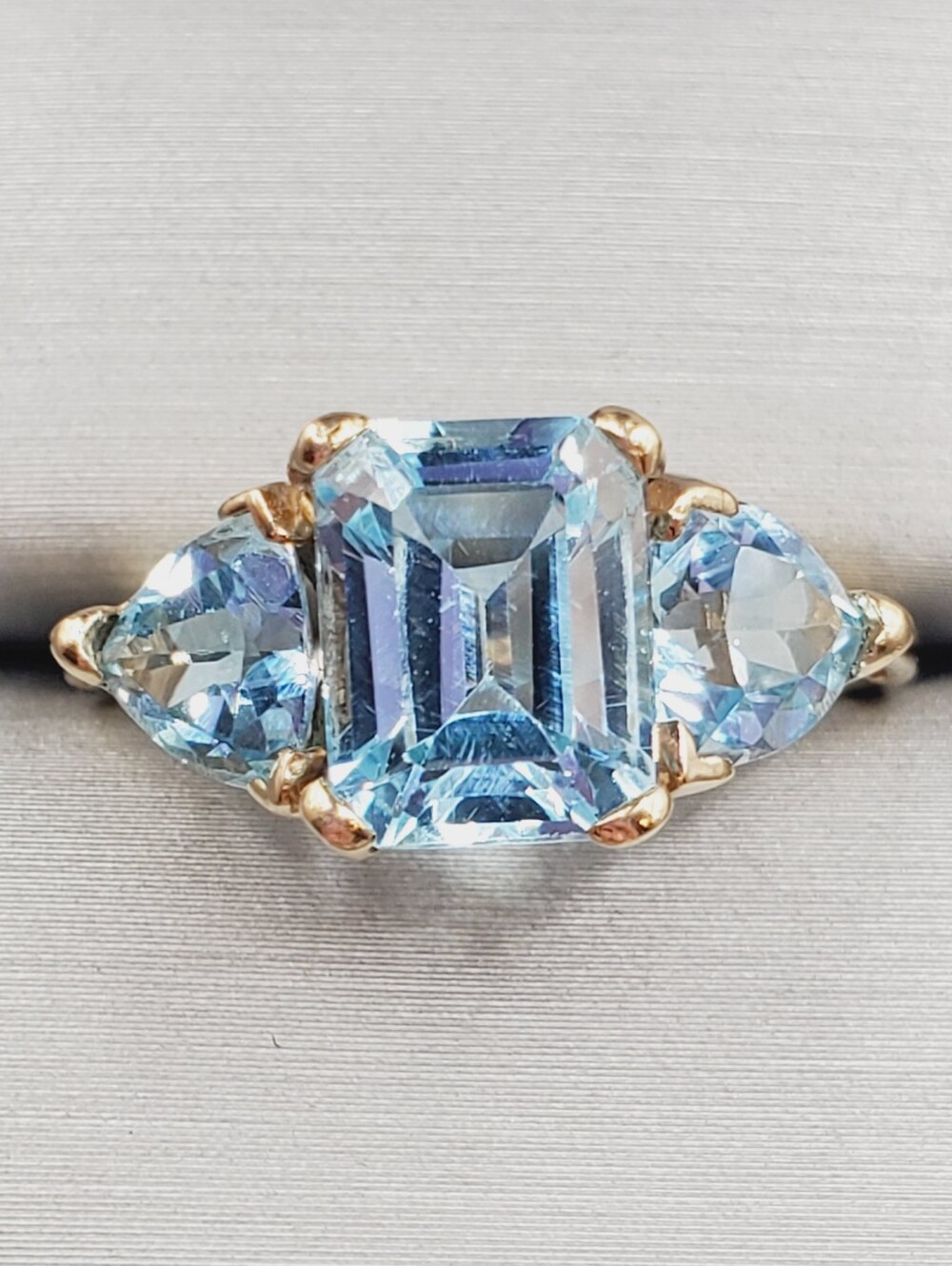 10k Solid Yellow Gold Blue Topaz Three Stone Ring